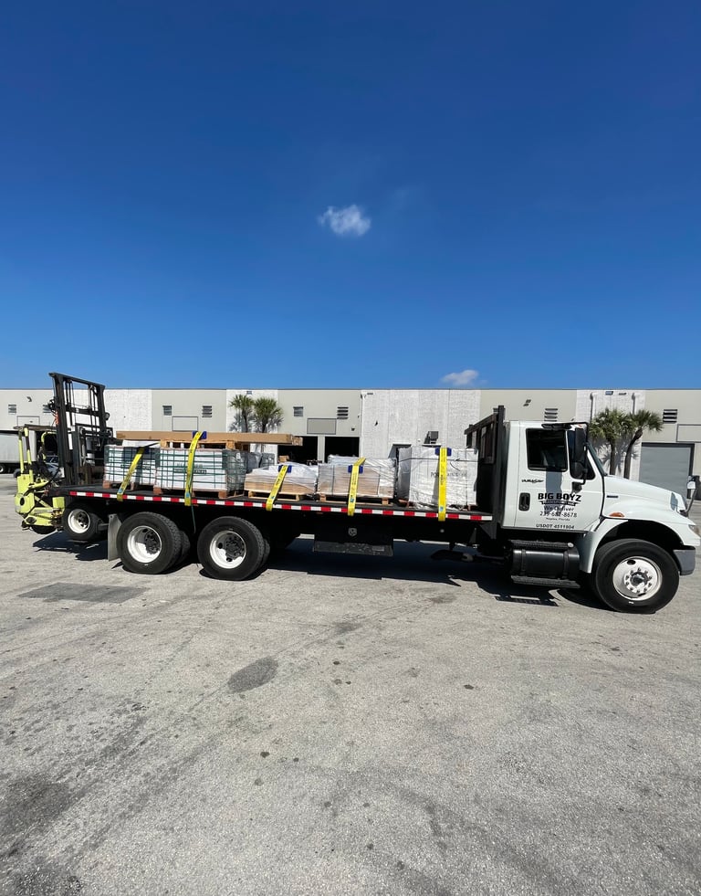White flatbed truck with forklift and cargo parked in industrial lot under clear blue sky