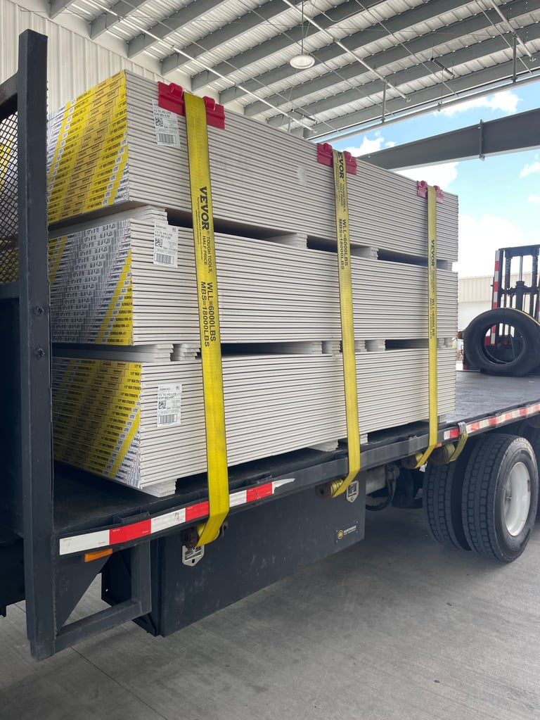 Truck loaded with stacked metal sheet goods secured with yellow straps in an industrial warehouse setting